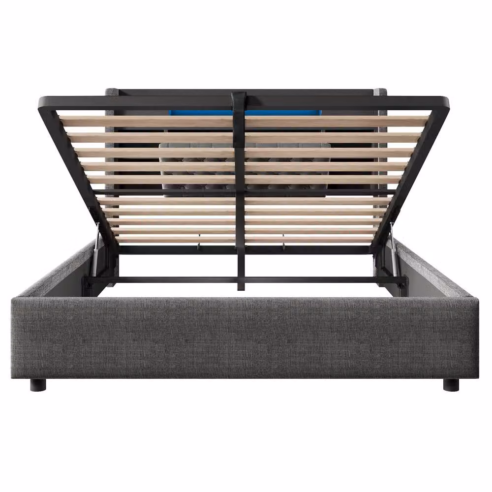 FENCHILIN Upholstered LED Bed Frame in Grey with Hydraulic Storage, USB Charging Station and Bedside Shelf, W/D/H: 140 x 200 x 115 cm – 4