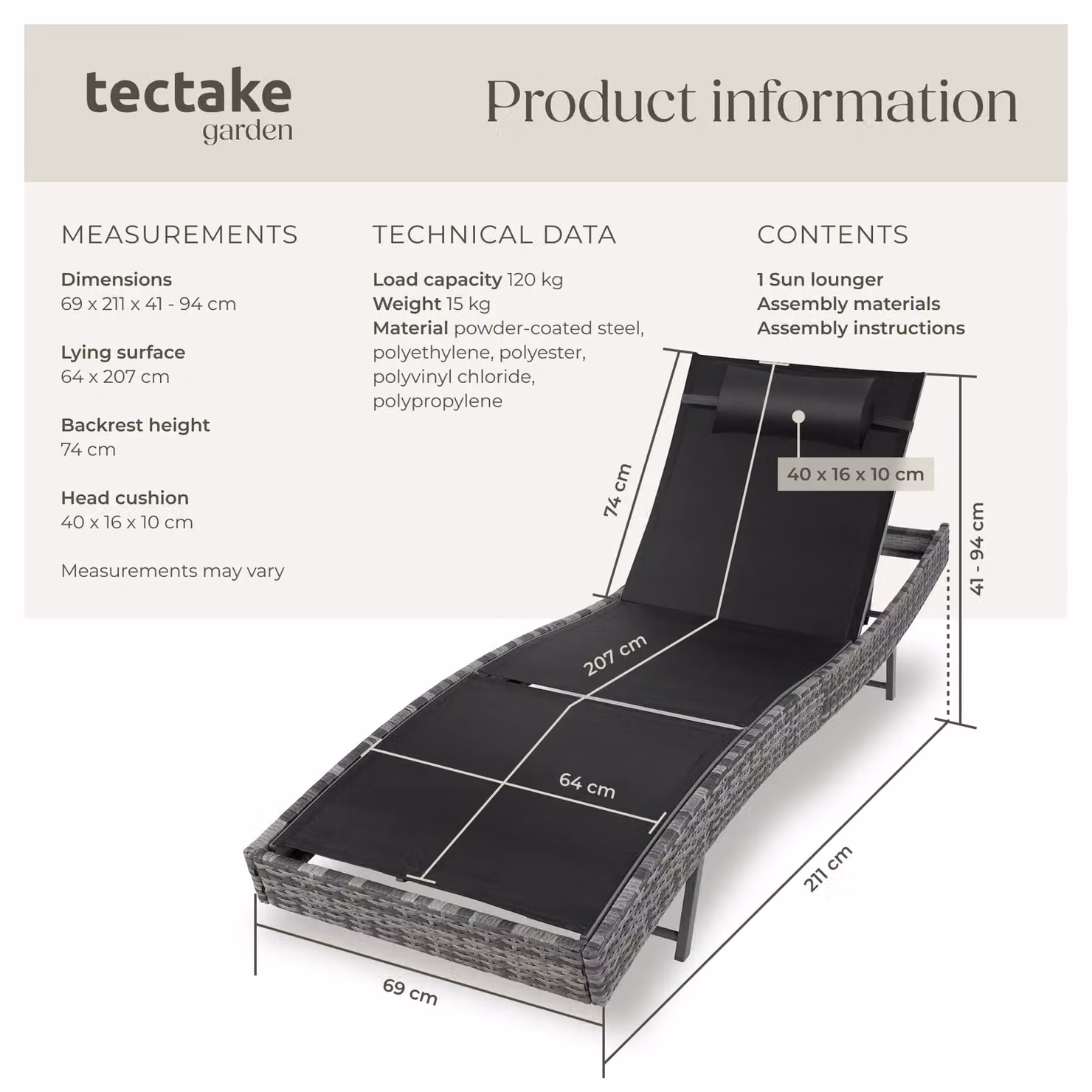 tectake Moana Sun Lounger in Grey with Adjustable Headrest and Textilene Fabric – 6