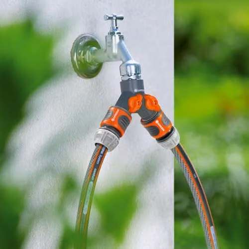Gardena Twin-Tap Connector Water Distributor for 3/4 inch Threads with Adjustable Flow Control in Black and Orange