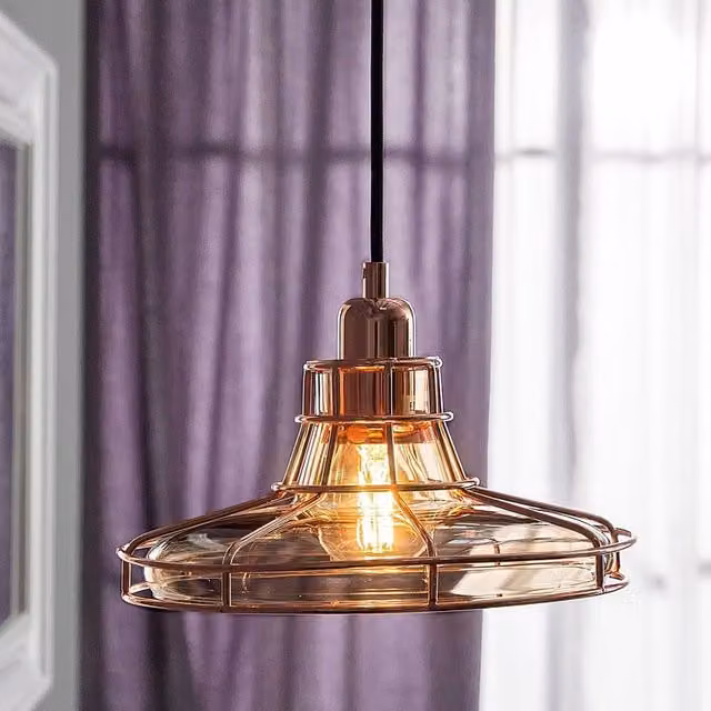 Wyld and Coco Copper Cage Pendant Lamp with Transparent Glass Shade in Industrial Style