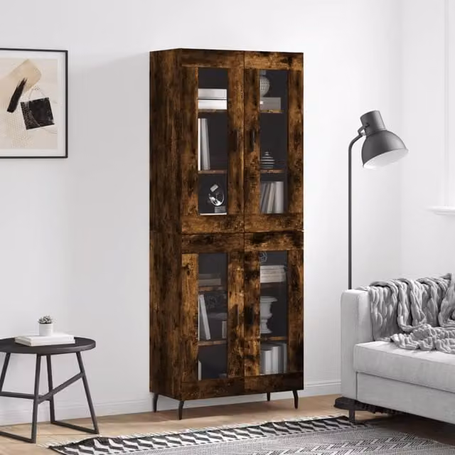 Berkfield Home Smoked Oak Highboard in Brown with Glass Doors, W/D/H: 69.5 x 34 x 180 cm