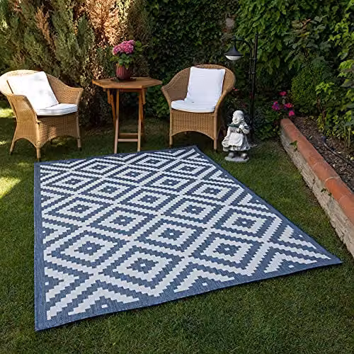 THE RUGS Blue and White Geometric Diamond Outdoor and Indoor Rug, W: 200 cm, D: 290 cm – 9
