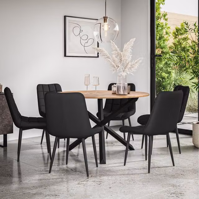 More4Homes Malvern Round Oak Effect Dining Table and 6 Nova Faux Leather Chairs Set in Black and Brown