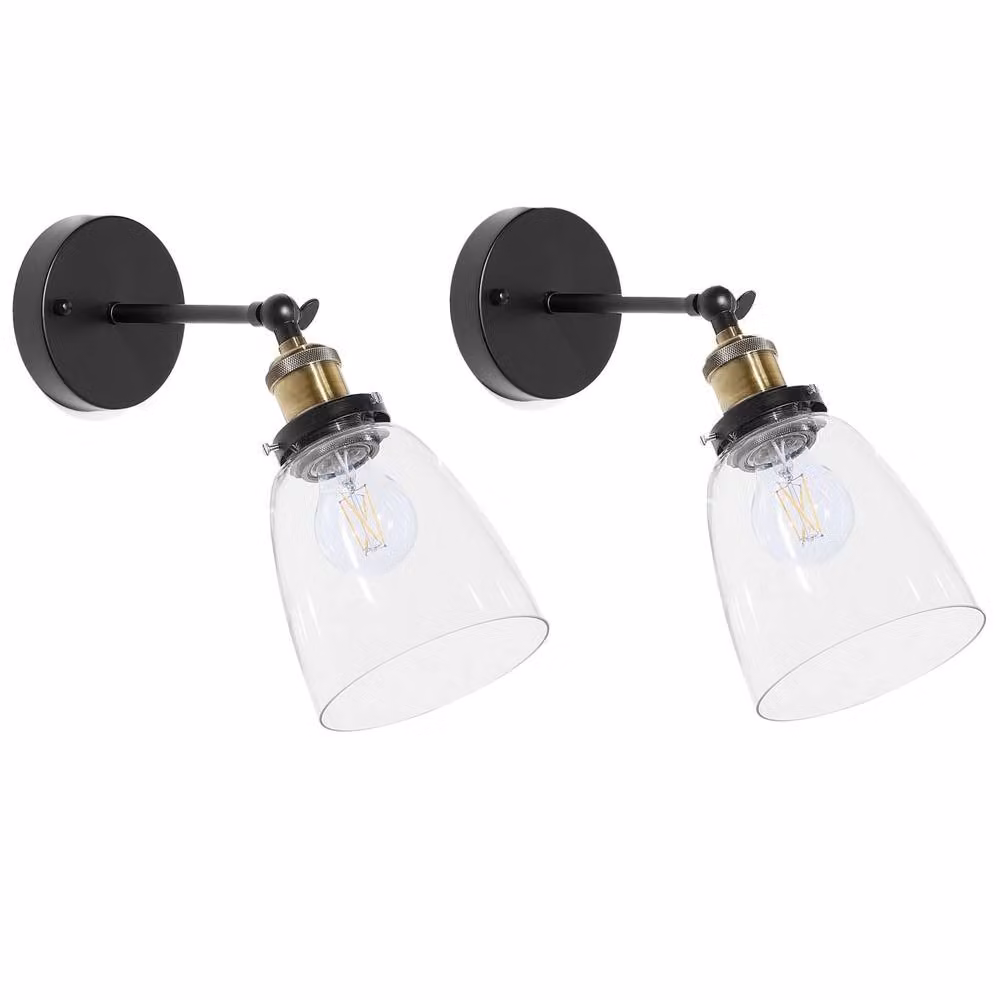 Wyld and Coco Adjustable Industrial Wall Lamp in Black Metal with Transparent Glass Shade – 2