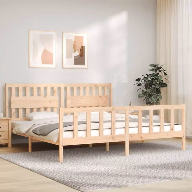Berkfield Home Solid Pine Wood Bed Frame with Headboard in Brown, 200 x 200 cm – 1