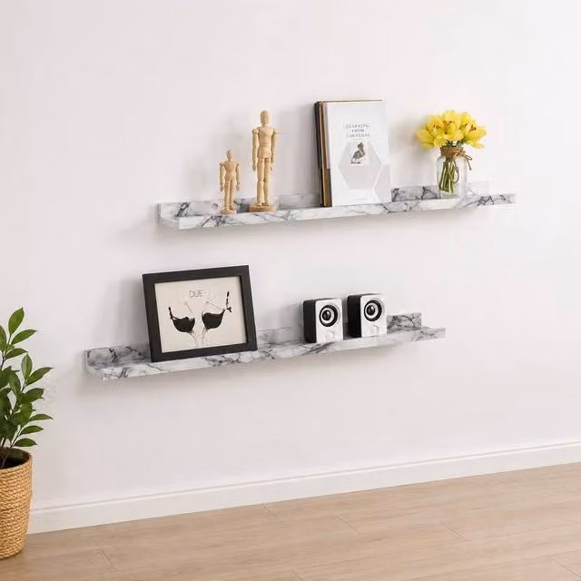 SPOT ON DEALZ Set of 2 White Marble Effect Floating Picture Ledge Shelves, W: 48 cm, D: 10 cm – 1