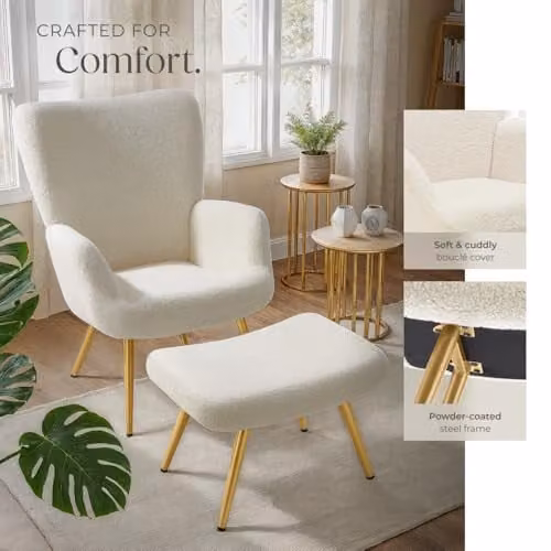 tectake Hygge Armchair with Ottoman in Cream Bouclé with Gold Metal Legs – 4