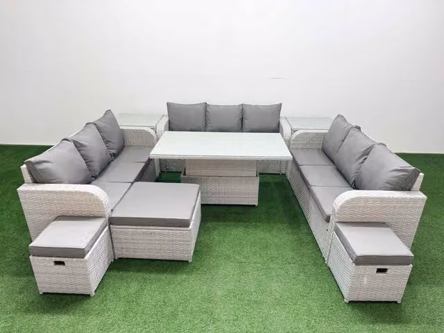 Fimous 12 Seater PE Rattan Outdoor Garden Furniture Set in Grey with Adjustable Lifting Table, 3 Seater Sofa, 3 Stools and 2 Side Tables