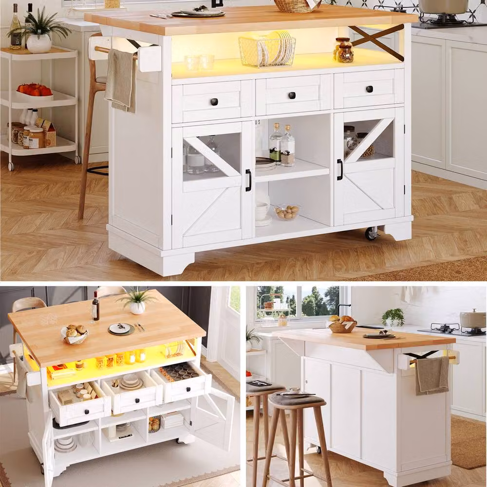 Merax Rolling Kitchen Island Cart with LED, Open Shelf and Drop-Leaf Table in White, W/D/H: 120 x 71 x 98 cm – 2