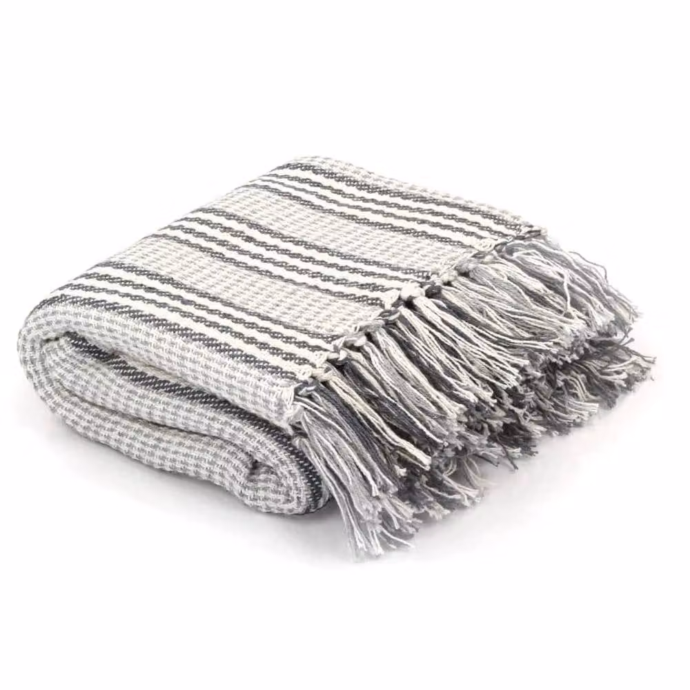 Berkfield Home Striped Cotton Throw in Grey and White, W: 125 cm, D: 150 cm – 2