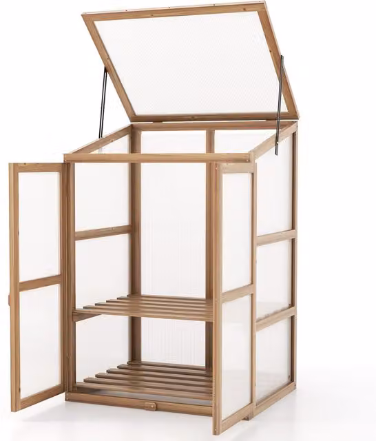 COSTWAY Portable Mini Greenhouse Plant Cabinet in Brown with Transparent Polycarbonate and Wood Finish, W/D/H: 76 x 57 x 111 cm