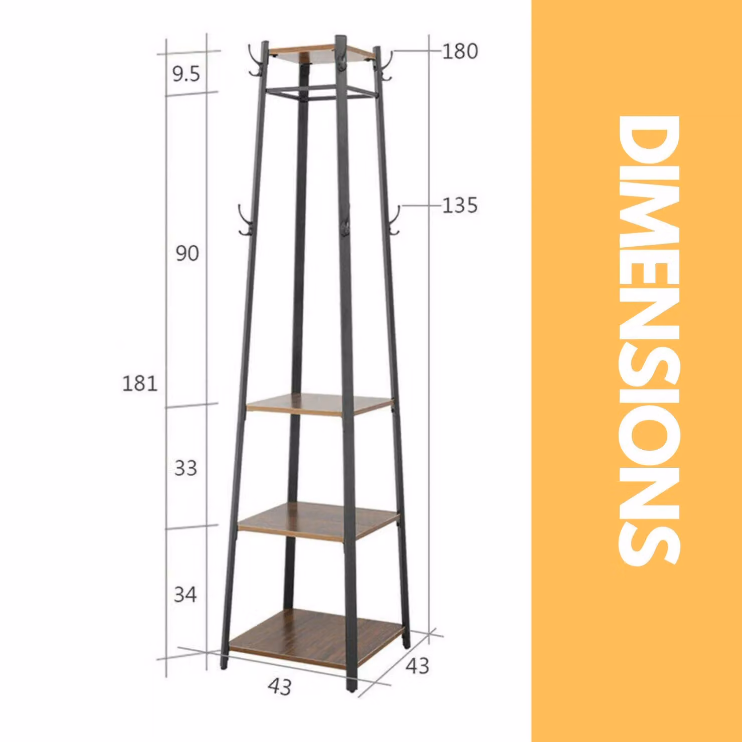Rafaelo Mobilia Industrial Hall Tree Coat Stand with 2 Shelves in Dark Brown – 3