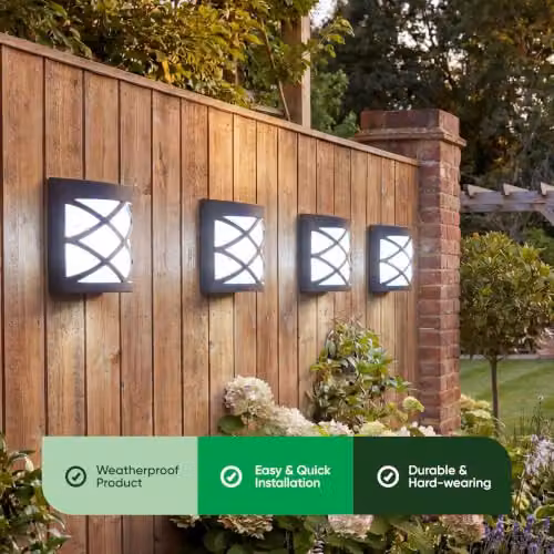 Gardenwize Pack of 4 Solar Powered LED Deck Fence and Wall Lights in Black with Warm White Light and IP65 Waterproof Rating – 8