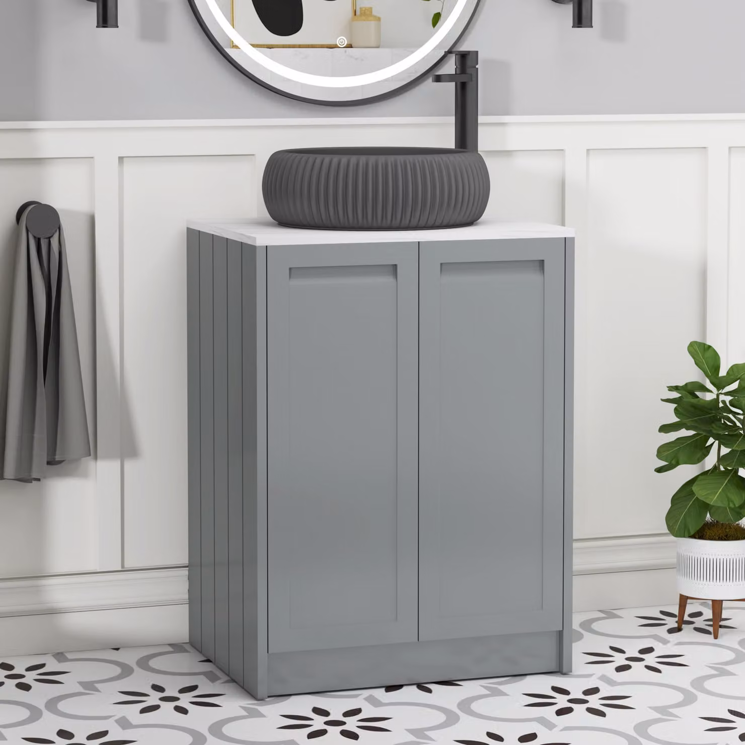 Royal Bathrooms Elmore 600mm Matt Pebble Grey Floor Standing 2 Door Vanity Unit with Milan Black Basin