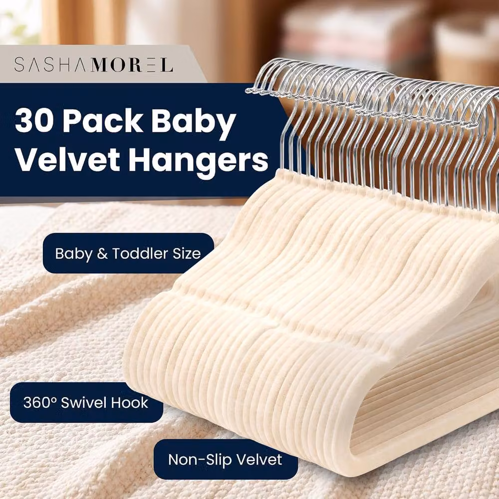 Sasha Morel Cream Velvet Baby Clothes Hangers with Non-Slip Swivel Hooks, 30 Pack – 2