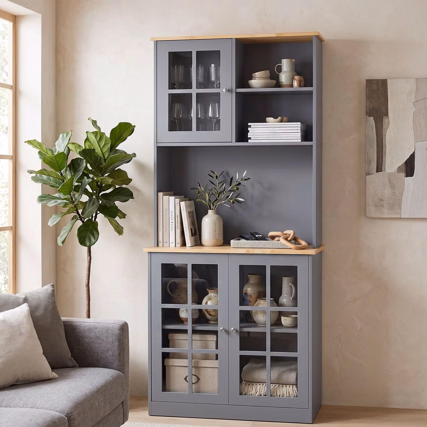 HOMCOM Grey Kitchen Pantry Buffet Hutch with 3 Storage Cabinets and 2 Open Shelves – 4