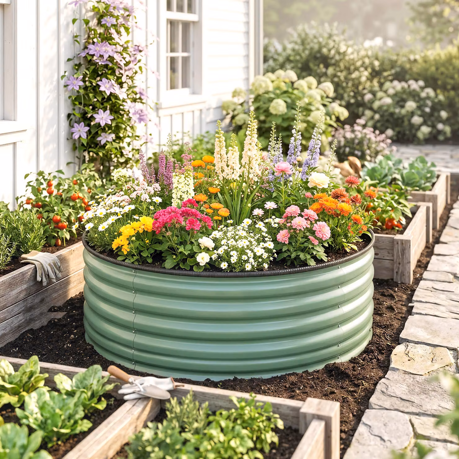 Outsunny Galvanised Steel Raised Garden Bed with Safety Edging in Light Green, W/D/H: 120 x 120 x 43 cm – 2