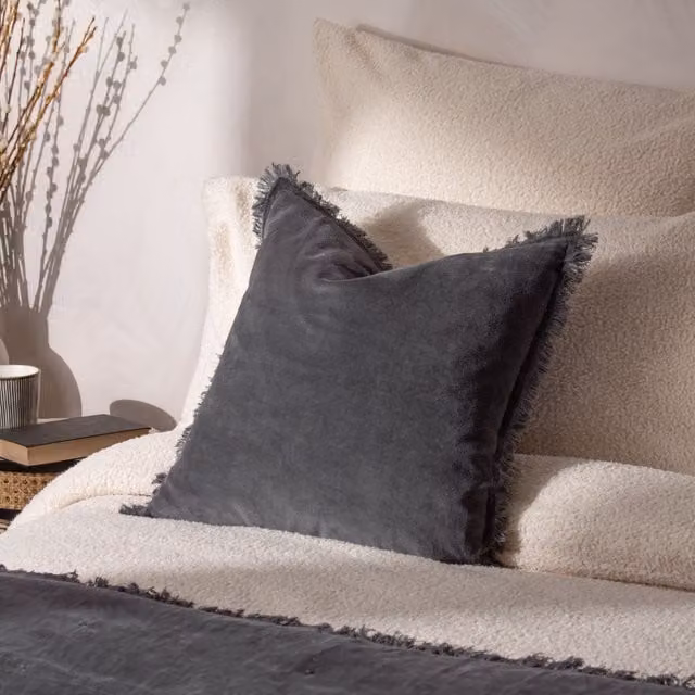 Yard Jaye Cotton Velvet Square Fringed Cushion, 45 x 45 cm, Grey – 2