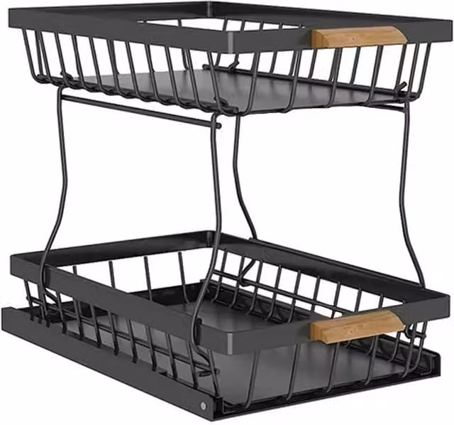 Livingandhome 2-Tier Pull-Out Kitchen Sink Space-Saving Storage Rack in Matt Black Metal