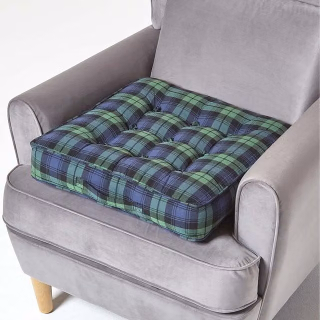 Homescapes Black Watch Tartan Cotton Armchair Booster Cushion in Black and Green, W/D/H: 50 x 50 x 50 cm