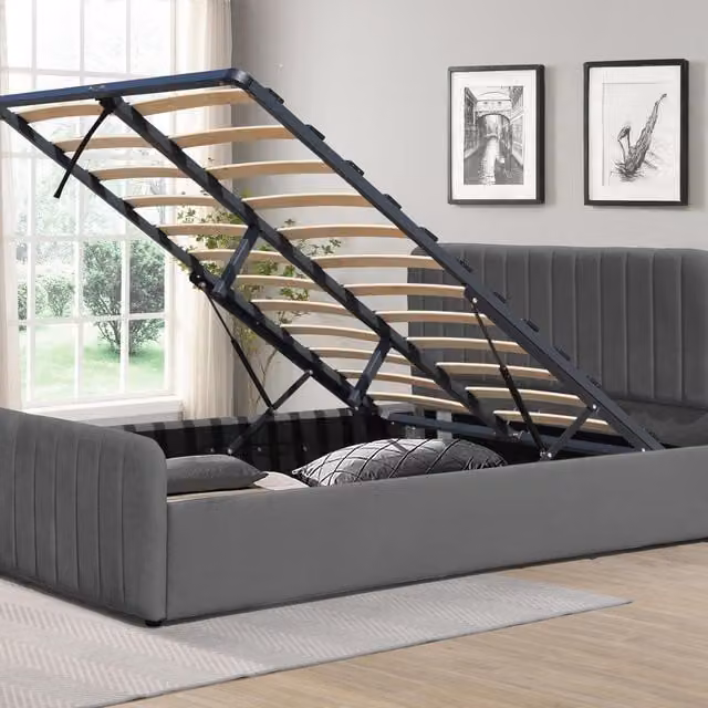 Comfy Living Gas Lift Ottoman Bedframe in Dark Grey Brushed Velvet, W/D/H: 140 x 200 cm