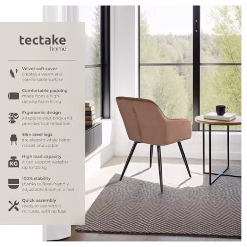 tectake Marilyn Dining Chair in Brown and Black Velvet Look with Armrests – 4