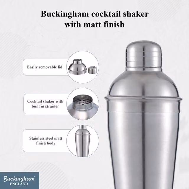 Buckingham 3 Piece Stainless Steel Professional Round Cocktail Shaker Set in Silver with Matte Finish