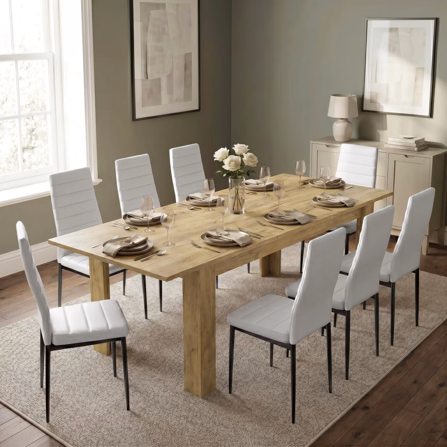 DHS Milo Extendable Dining Table and Chair Set, 8 Seater, White and Grey