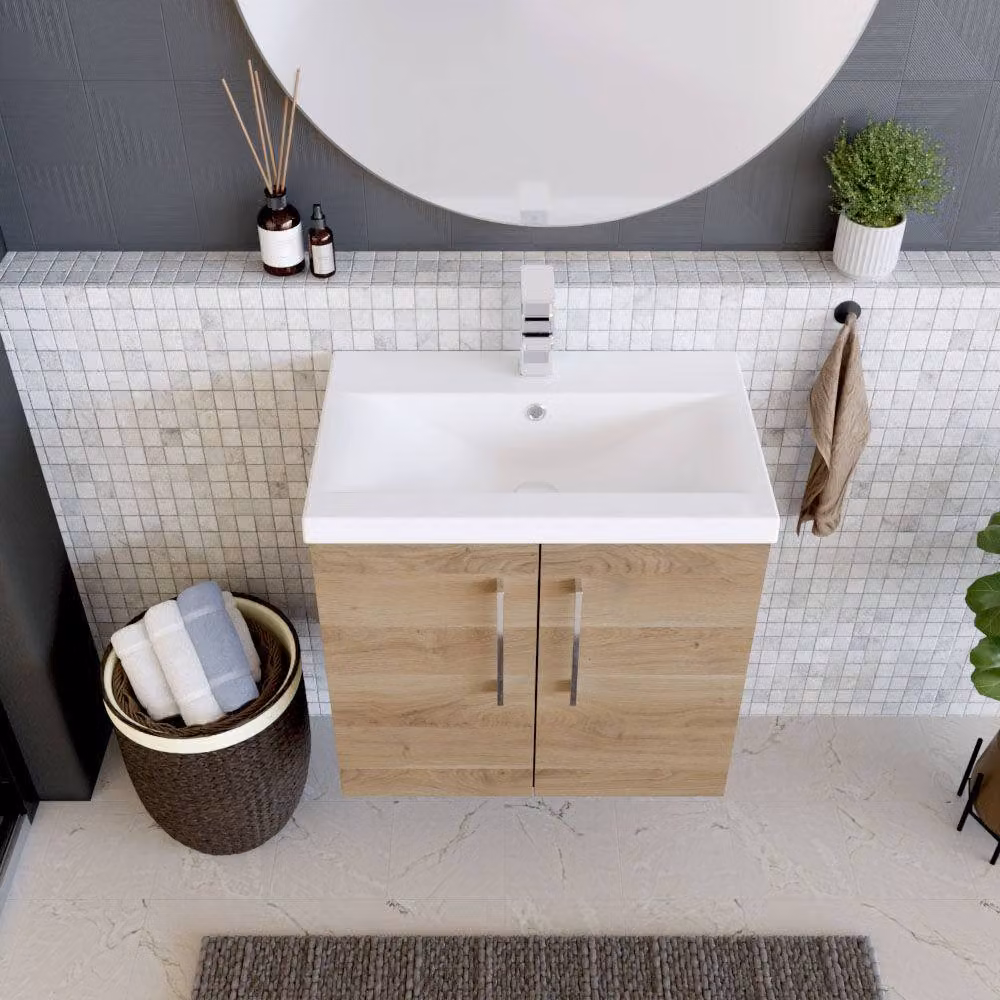 Balterley Contemporary Wall Hung Bathroom Vanity Unit with Mid-Edge Ceramic Basin, Bleached Oak, W: 60 cm, D: 39 cm, H: 61 cm – 3