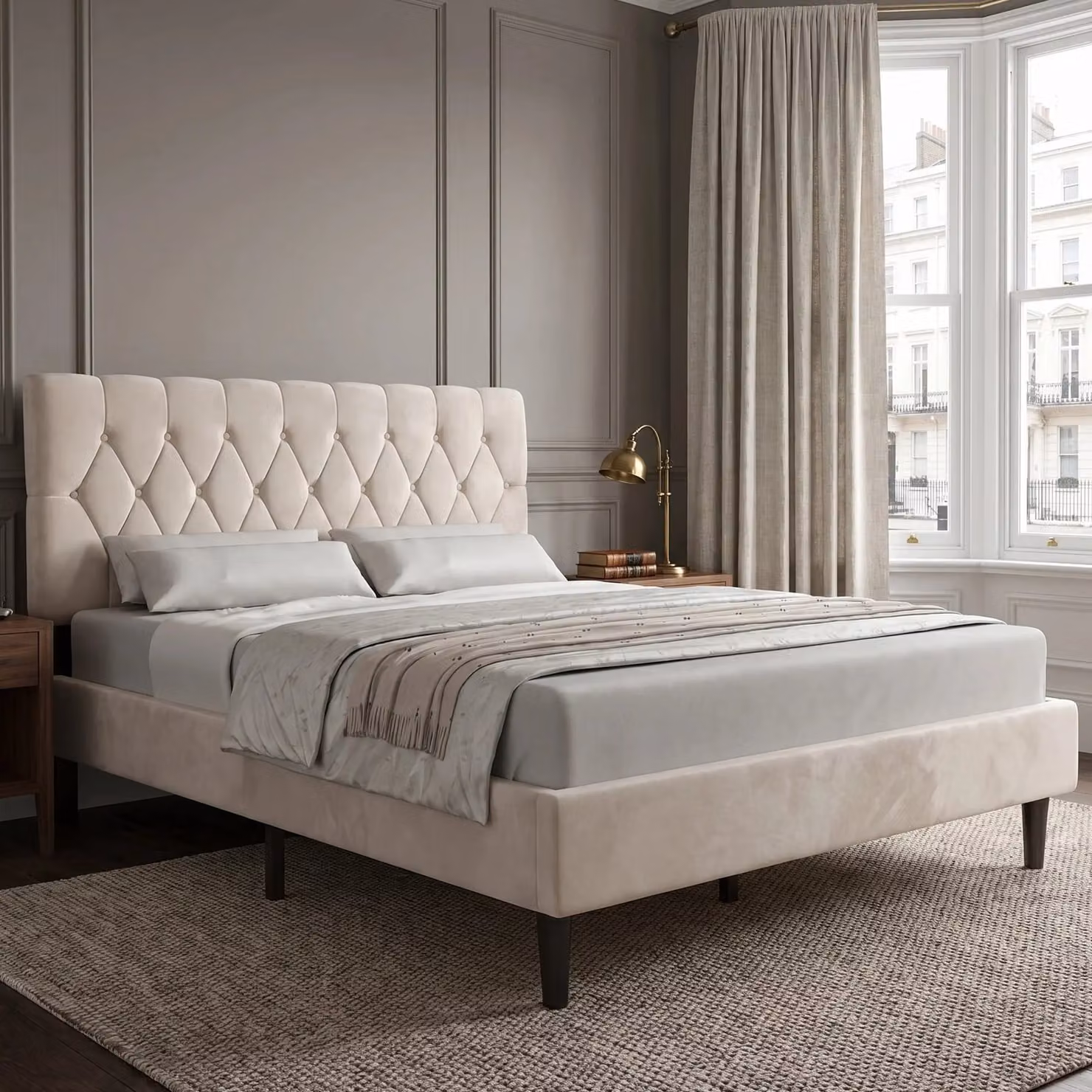 DHS Chesterfield Velvet Bed Frame with Adjustable Headboard in Beige