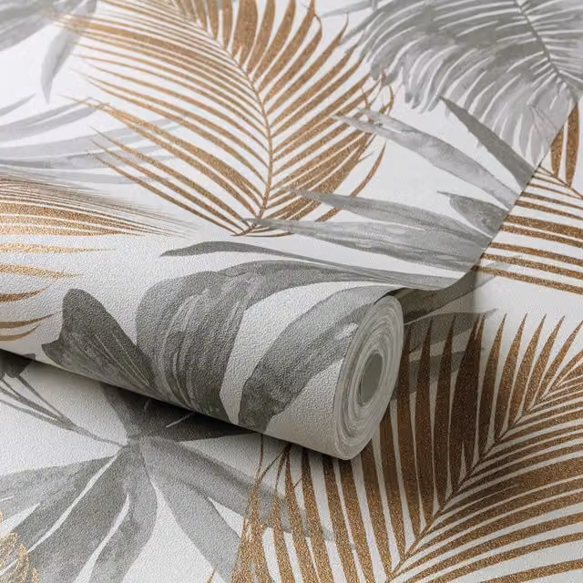 Grandeco Wild Palm Metallic Textured Wallpaper in Grey and Green