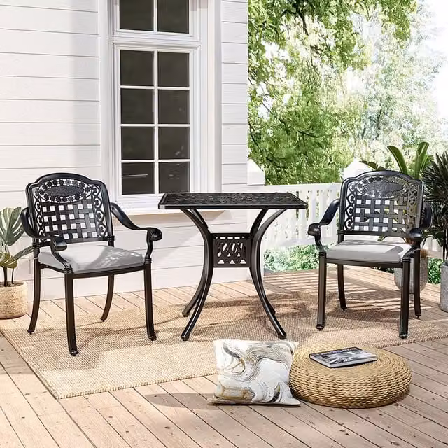 Livingandhome Black Powder Coated Aluminium Square Garden Dining Table and Chairs Set