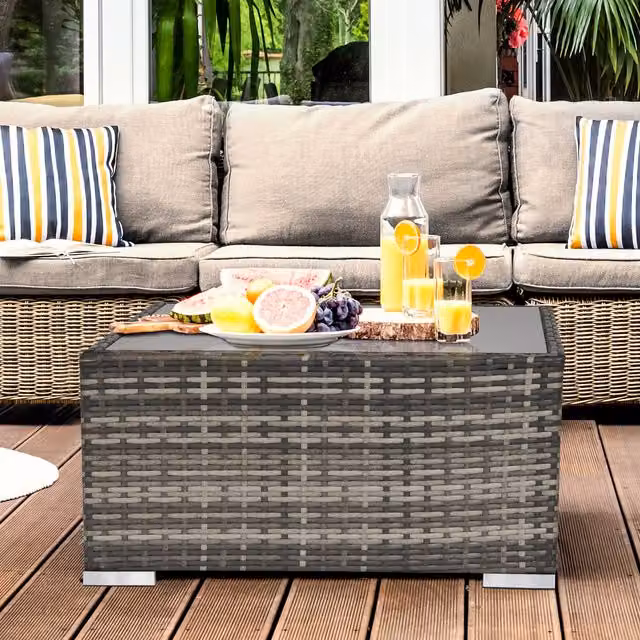 Outsunny Modern Wicker Patio Coffee Table with Glass Top in Dark Grey