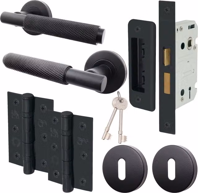 Dixon Knurled Lever Door Handle Sash Lock Set in Matt Black Aluminium