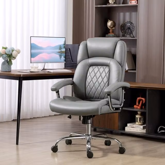 HOMCOM Big and Tall Grey Synthetic Leather Office Task Chair with Headrest and Armrests