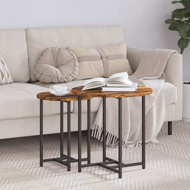 Berkfield Home Set of 2 Round Nested Side Tables in Brown Oak and Metal