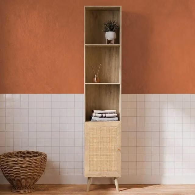 sweeek Boho Beige Rattan Bathroom Storage Column with Hinged Doors and Internal Shelves