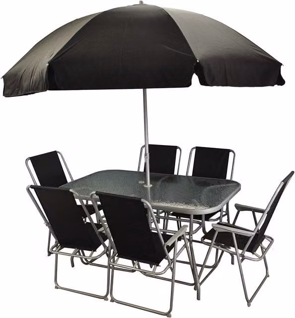 Wareham 8 Piece Modern Garden Furniture Set with Rectangular Glass Table and Folding Chairs in Grey and Black