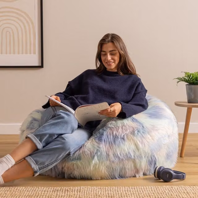 ICON Classic Faux Fur Bean Bag with Unicorn Design in White, Blue and Multicolour, OEKO-TEX Certified