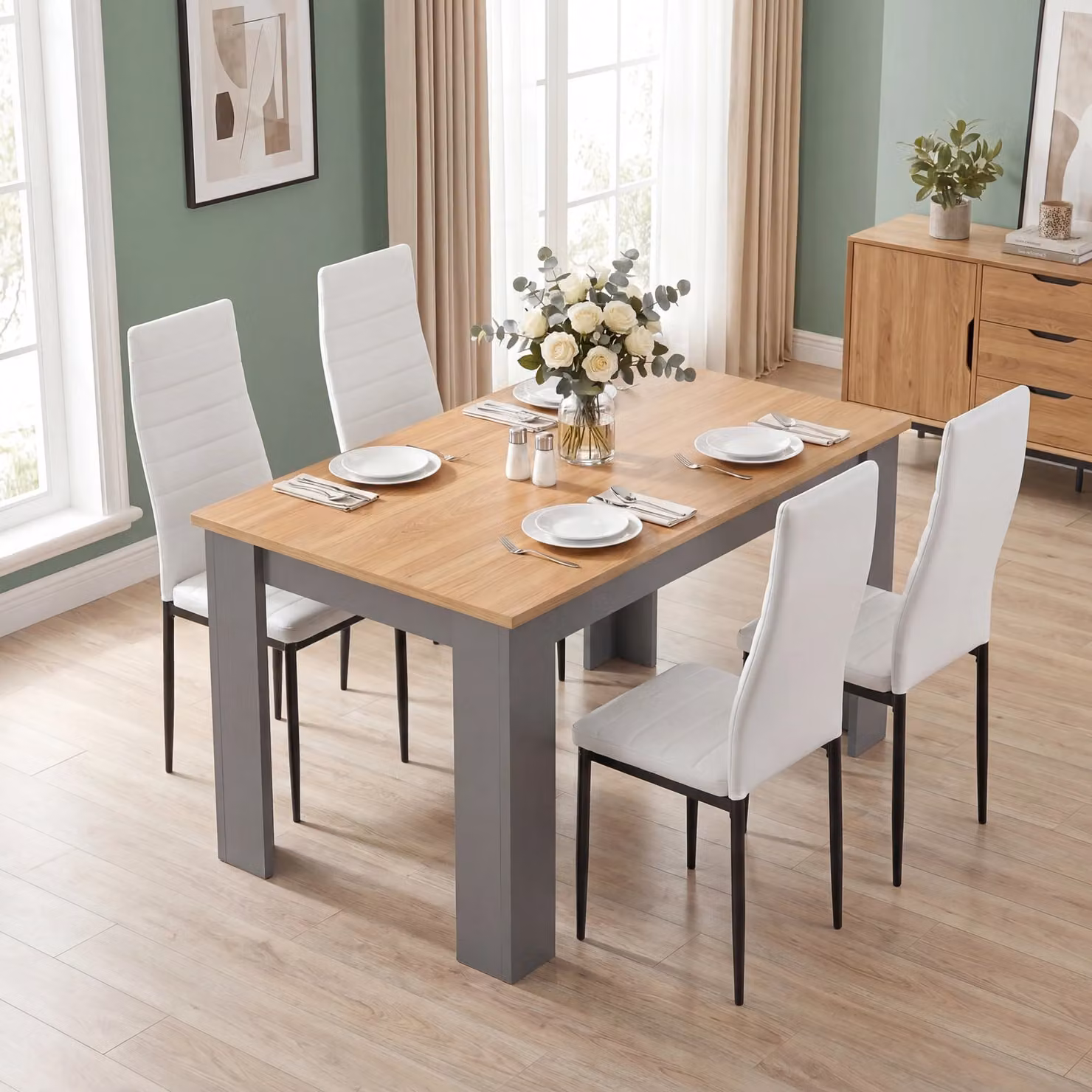 DHS Modern Rectangular Dining Table and Chairs Set in Grey, White and Black