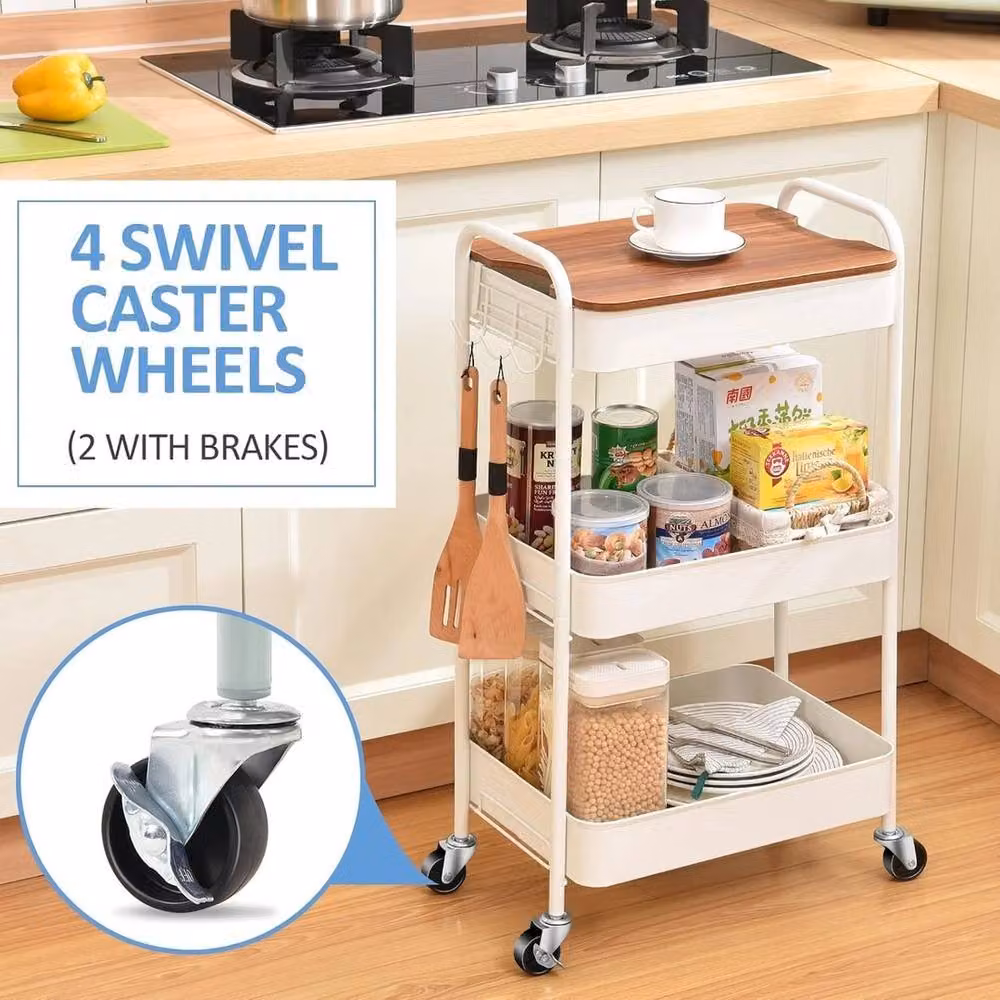 FORGEVIO 3-Tier Rolling Metal Utility Storage Trolley with Wood Table Top in White – 3