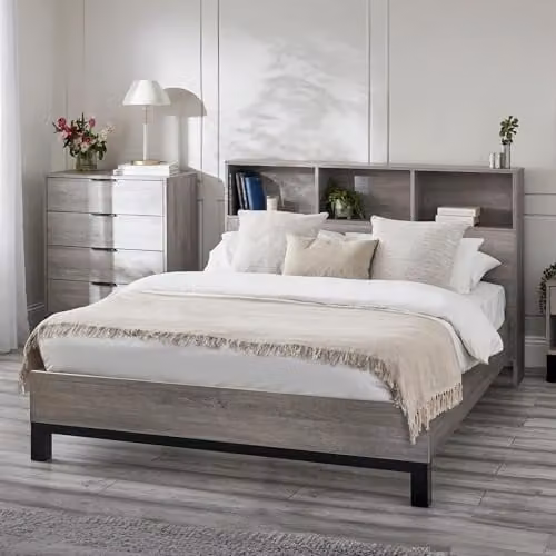 Julian Bowen Bali Bookcase Bed Frame in Grey Oak with Side Compartments, 180 x 200 cm – 1