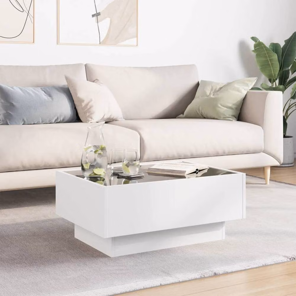 Berkfield Home Modern White Glossy Decorative Coffee Table with LED and Glass Top, W/D/H: 70 x 50 x 30 cm – 2