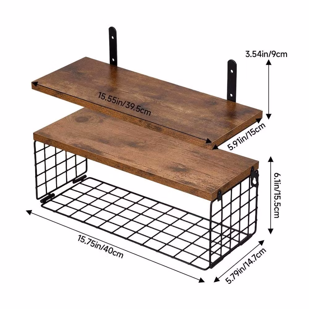 Kelvenix Brown Industrial Wall Mounted Floating Storage Shelves with 2 Shelves and 1 Basket – 1