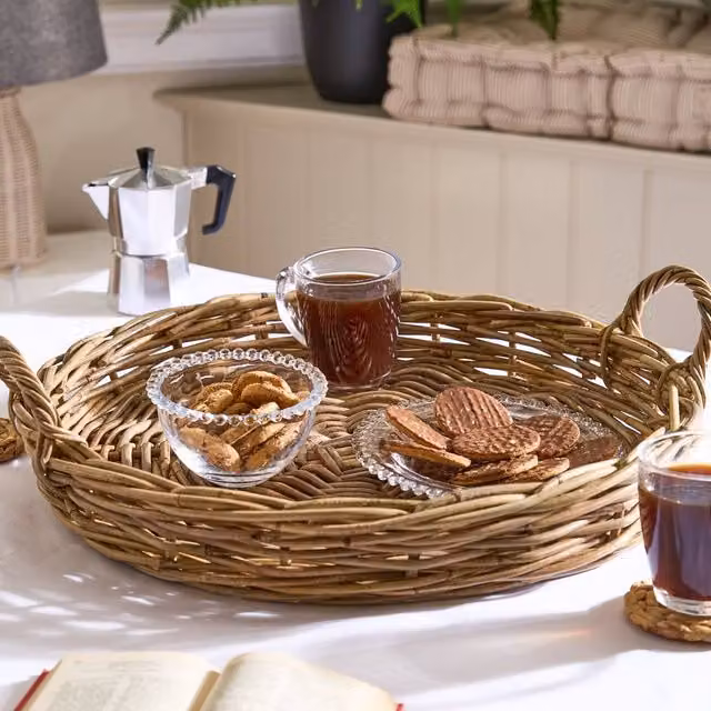 Dibor Natural Rattan Decorative Tray with Handles, Brown, W: 60 cm, L: 36 cm, H: 10 cm