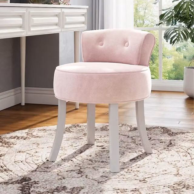 Komore Pink and White Velvet Button-Tufted Cylindrical Dressing Table Stool with Wood Frame