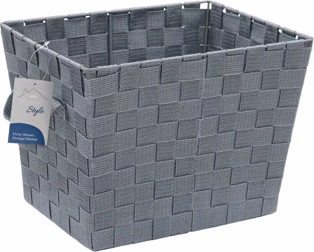 JVL Vichy Rectangular Open Weave Nylon Storage Basket with Handles, Grey – 1