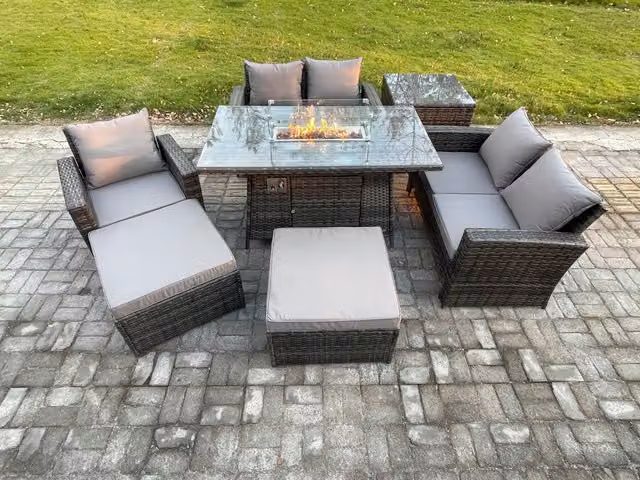 Fimous 7 Seater Rattan Outdoor Garden Furniture Set with Gas Fire Pit Table, Love Sofa, Armchair, 2 Footstools and Side Table in Dark Grey