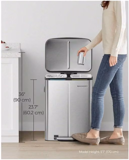 SONGMICS Dual Compartment Pedal Kitchen Bin with Soft Close in Silver and Black, W/D/H: 40.0 x 40.8 x 60.2 cm