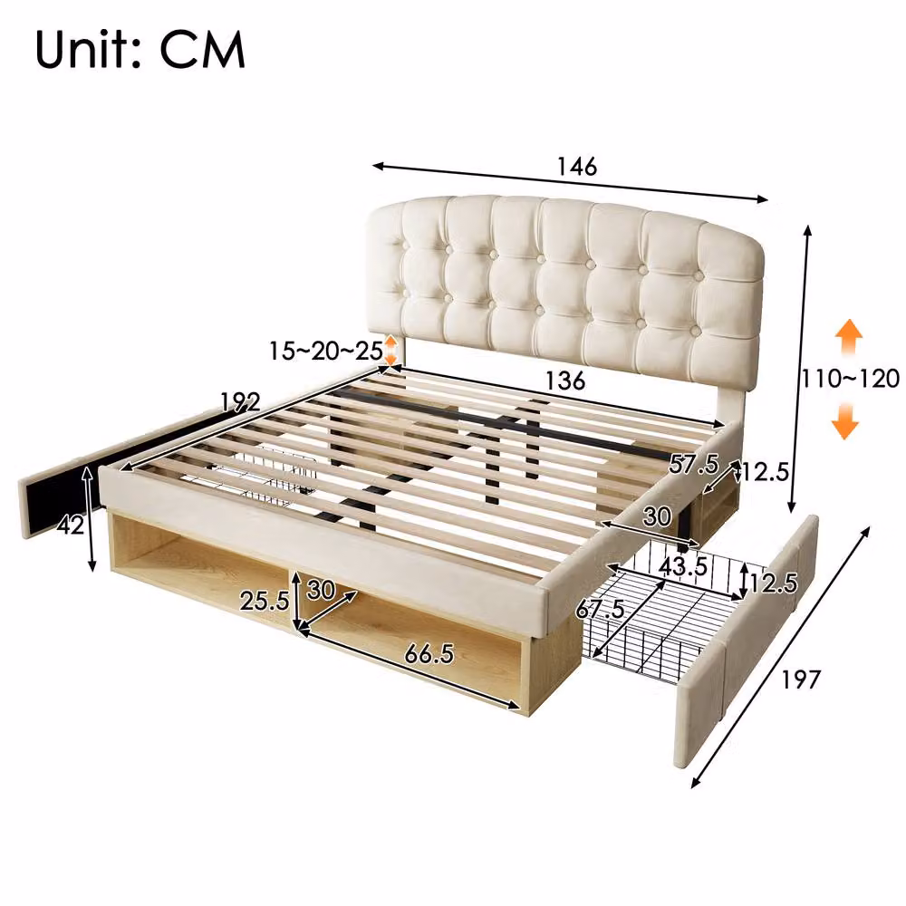 ModernLuxe Childrens Double Bed with Adjustable Headboard and Drawers in Beige, W/D/H: 140 x 200 x 115 cm – 2